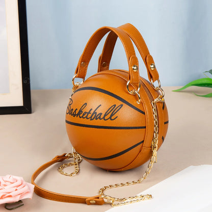 Basketball-shaped handbag with 'Basketball' text on a light surface.