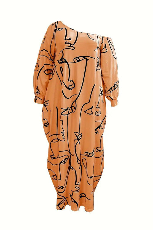 Printed Single Shoulder Lantern Sleeve Maxi Dress Carauana Store