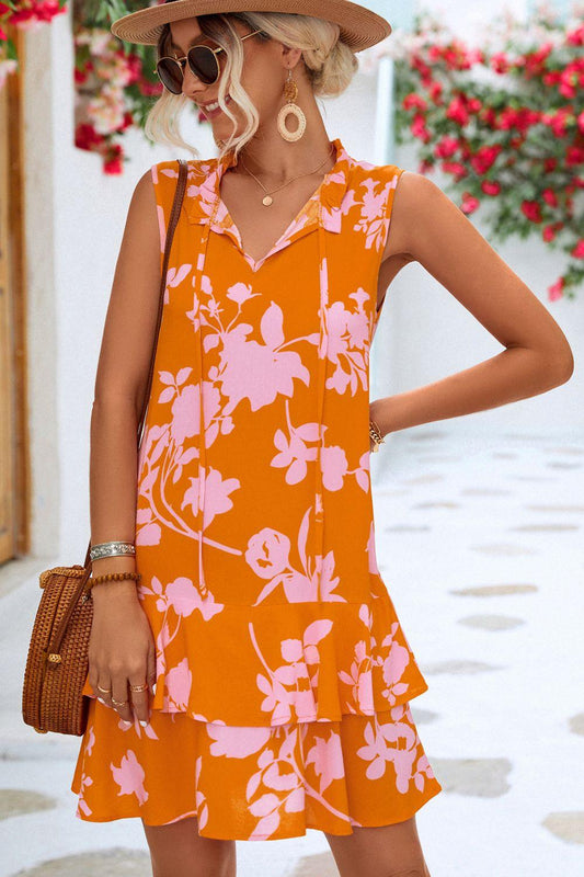 Printed Tie Neck Sleeveless Dress Carauana Store