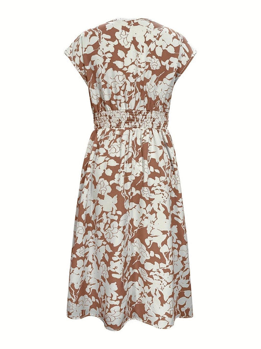 Printed V-Neck Cap Sleeve Midi Dress Carauana Store
