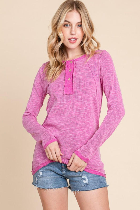 Reborn J Contrast Trim Half Button Long Sleeve T-Shirt Carauana Store