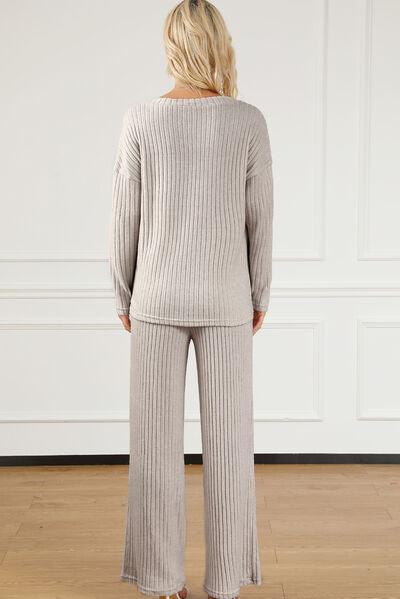 Ribbed V-Neck Top and Pants Lounge Set Carauana Store