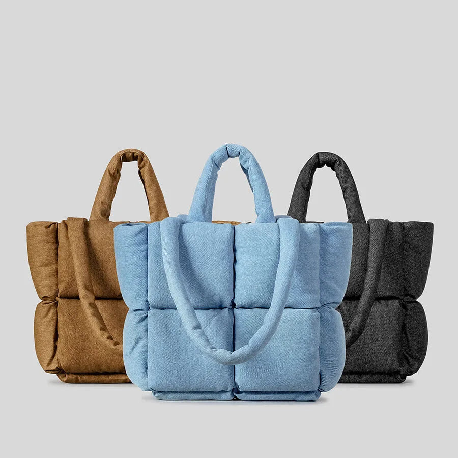 Padded Denim Puffer Shoulder Tote Bag