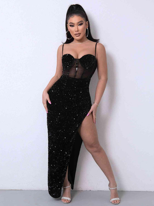 Sequin Spliced Mesh Adjustable Strap Dress CaRaUaNa Fashion