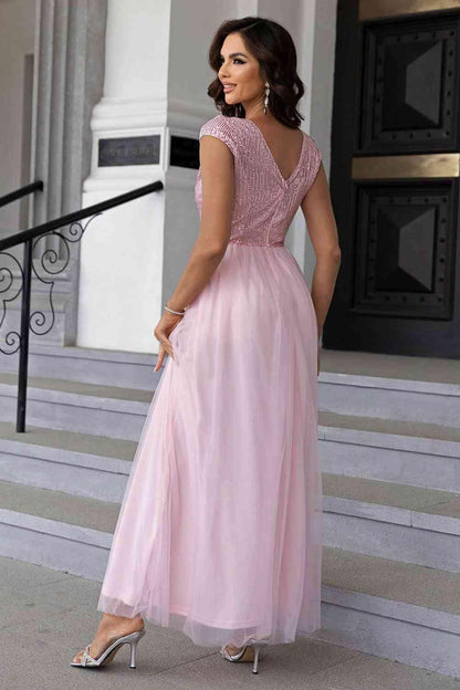 Sequin V-Neck Mesh Maxi Dress Carauana Store