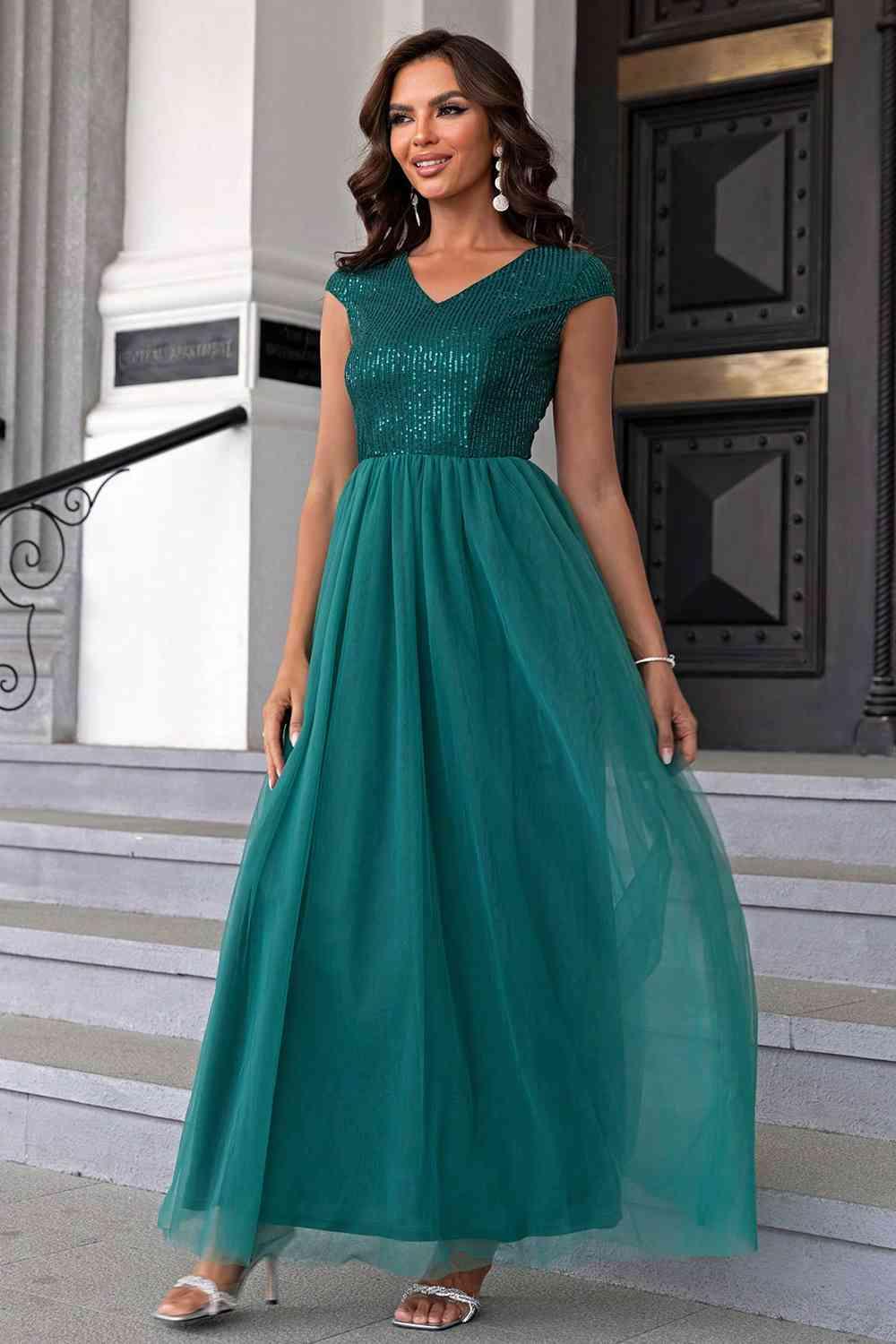 Sequin V-Neck Mesh Maxi Dress Carauana Store