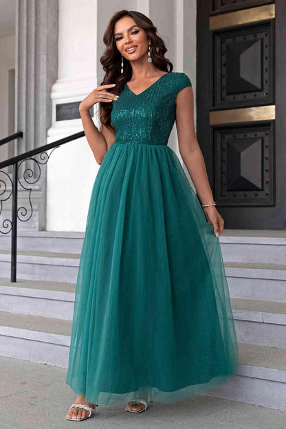 Sequin V-Neck Mesh Maxi Dress Carauana Store