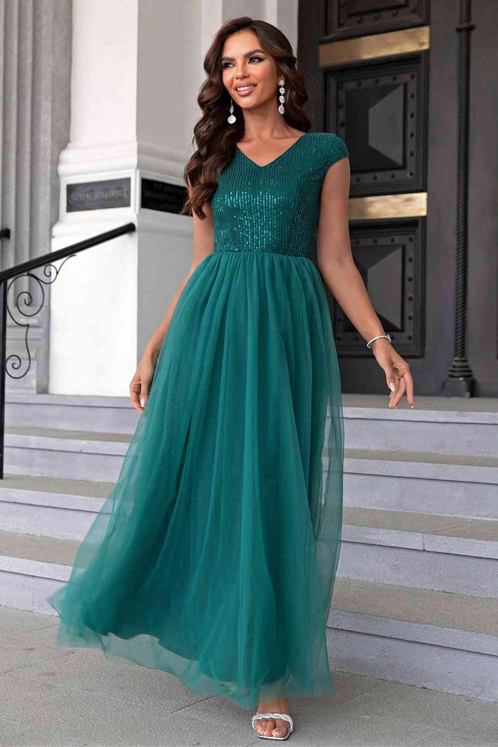 Sequin V-Neck Mesh Maxi Dress Carauana Store