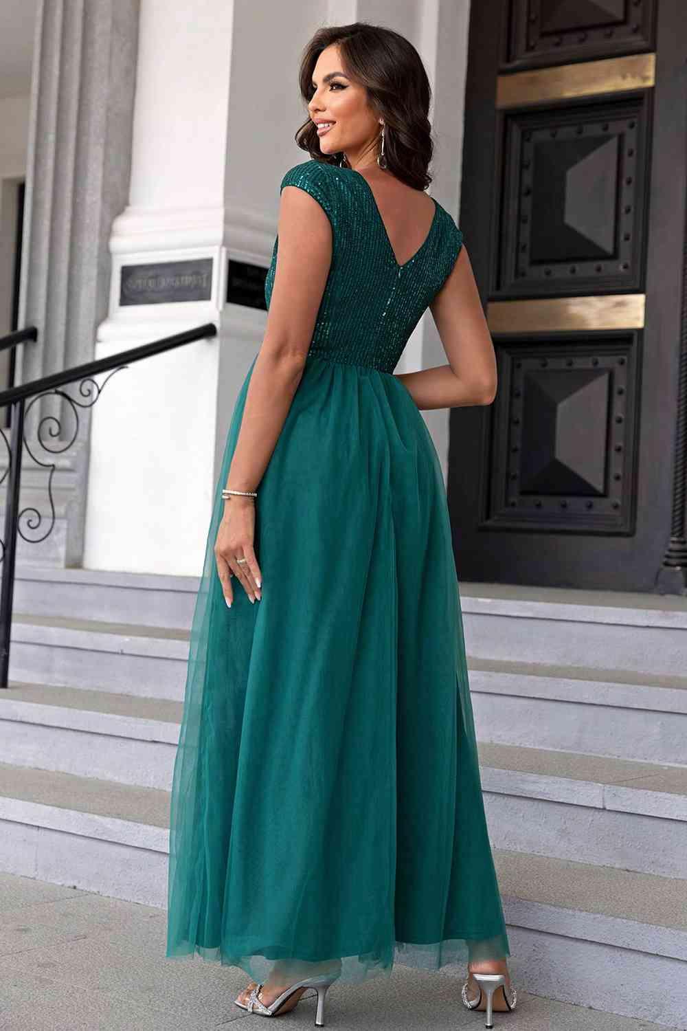 Sequin V-Neck Mesh Maxi Dress Carauana Store
