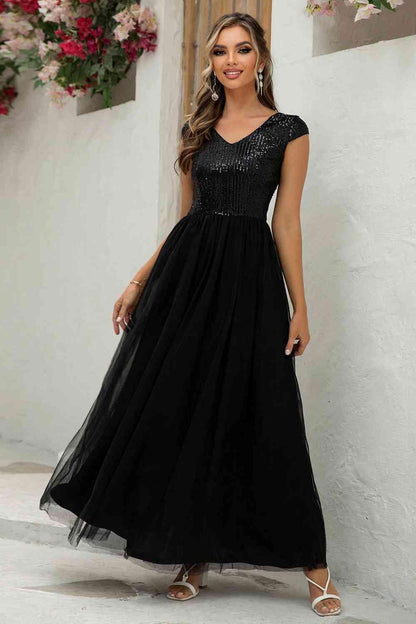 Sequin V-Neck Mesh Maxi Dress Carauana Store