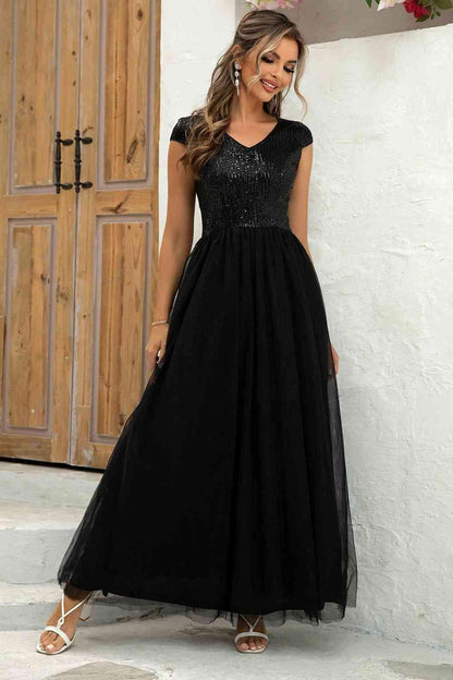 Sequin V-Neck Mesh Maxi Dress Carauana Store
