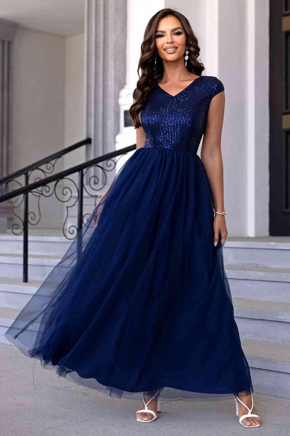 Sequin V-Neck Mesh Maxi Dress Carauana Store