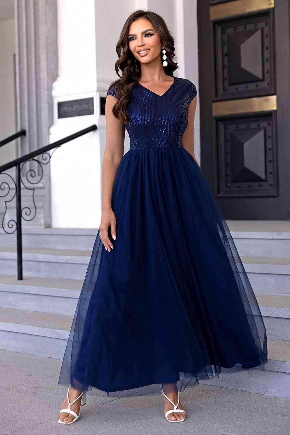 Sequin V-Neck Mesh Maxi Dress Carauana Store
