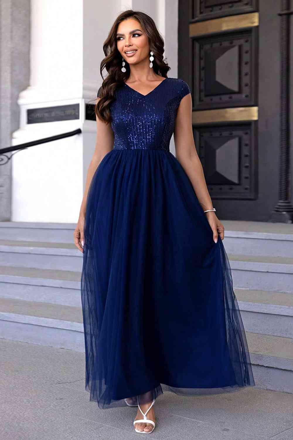 Sequin V-Neck Mesh Maxi Dress Carauana Store