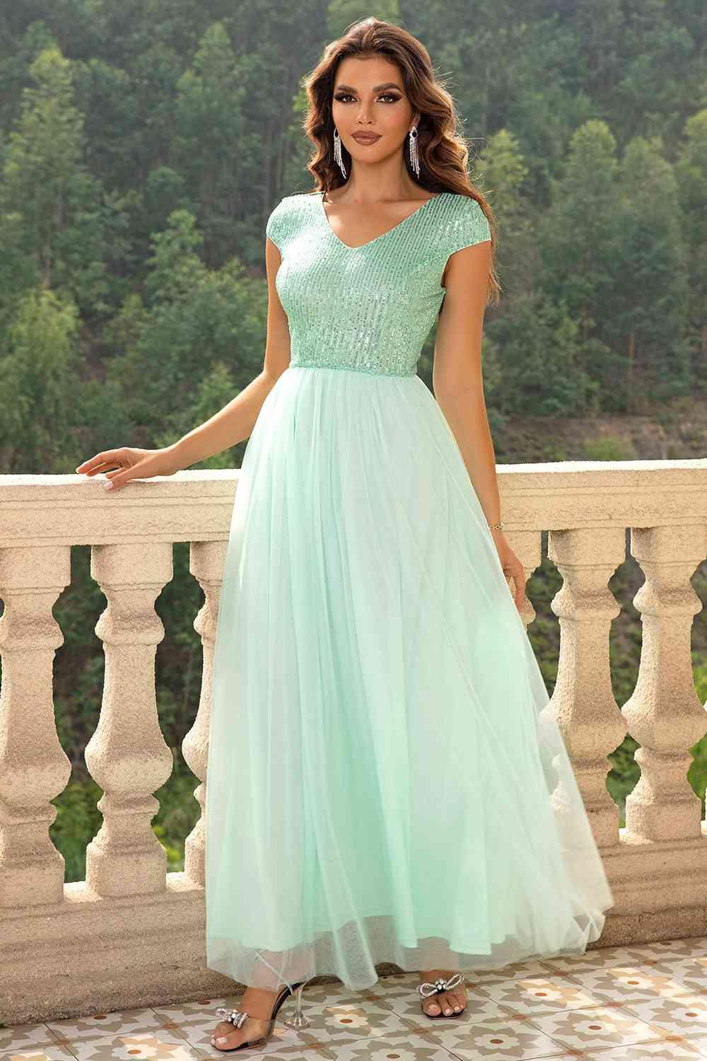 Sequin V-Neck Mesh Maxi Dress Carauana Store