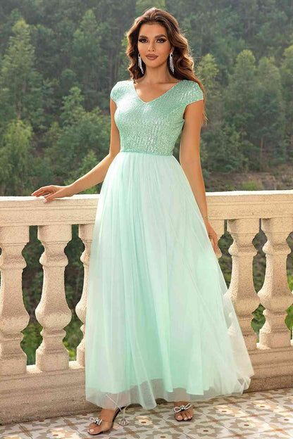 Sequin V-Neck Mesh Maxi Dress Carauana Store