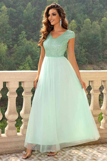 Sequin V-Neck Mesh Maxi Dress Carauana Store