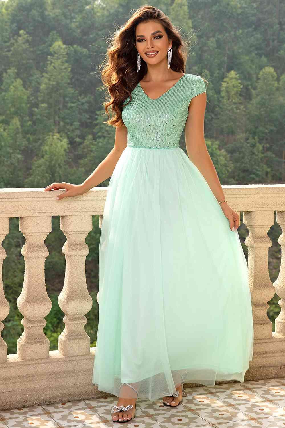 Sequin V-Neck Mesh Maxi Dress Carauana Store