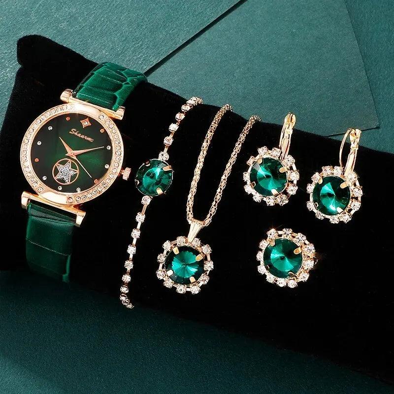 Set jewelry Wristwatch 6PCS Green Luxury Ring Necklace Earring bracelet Rhinestone