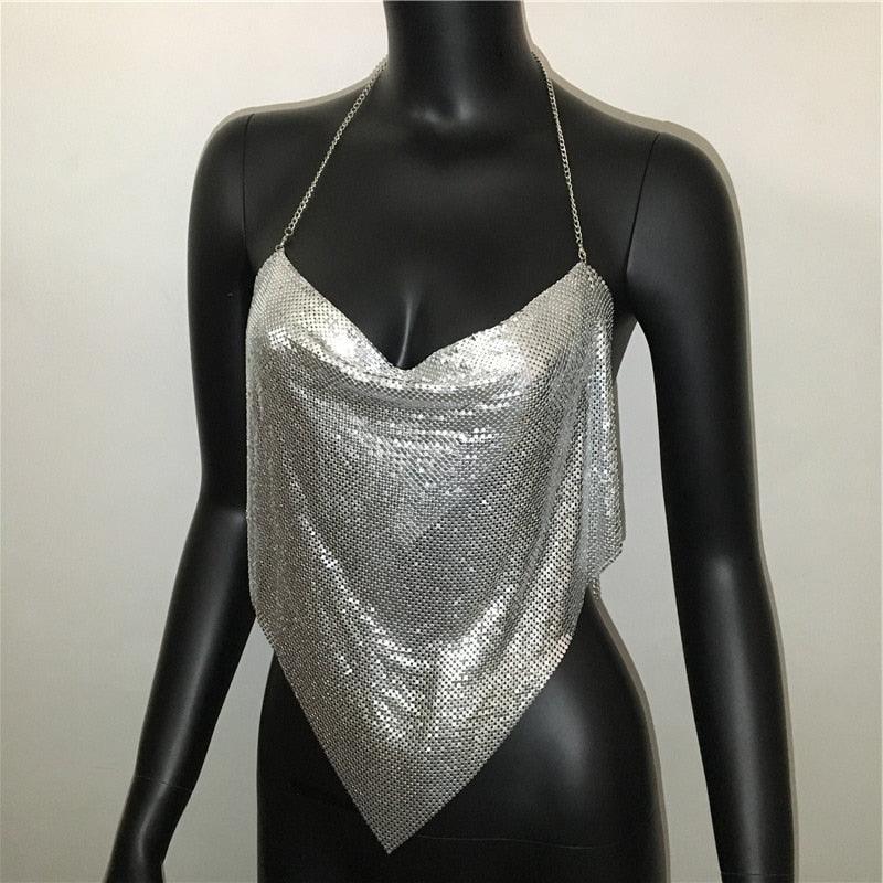 Solid Sequin Metal Cropped Tank Top