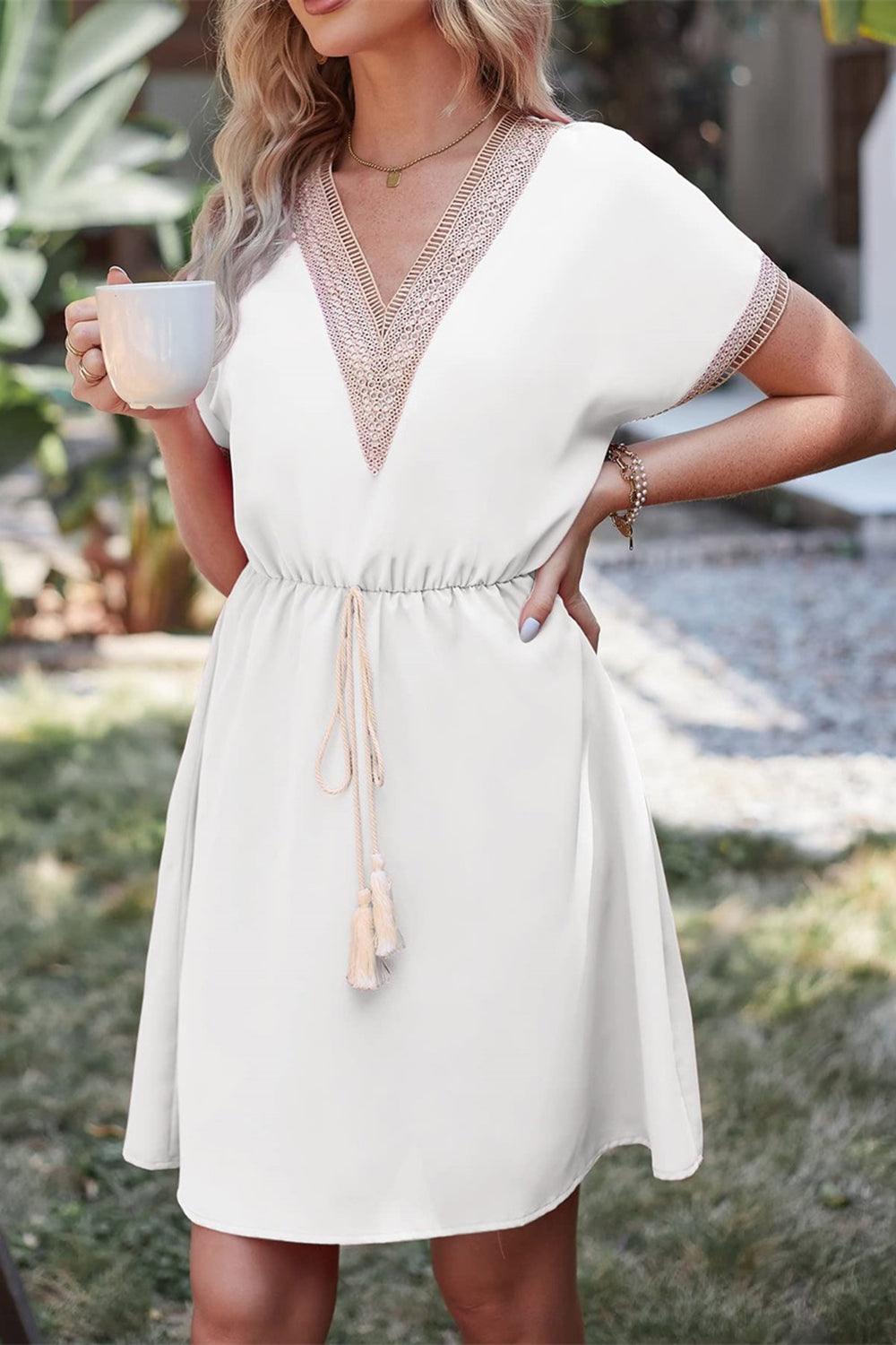 Tassel V-Neck Short Sleeve Dress Carauana Store