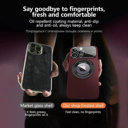 Two phone cases being held, one with a glass shell and the other with a frosted shell, on a dark background.