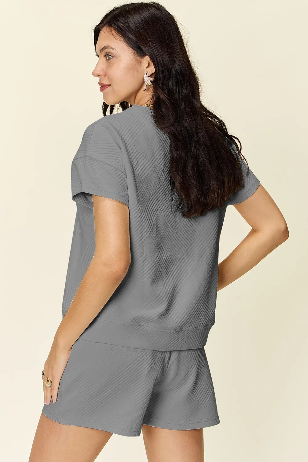Double Take Full Size Texture Short Sleeve T-Shirt and Drawstring Shorts Set Carauana Store