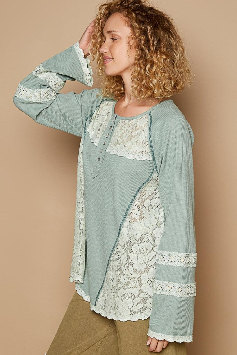 POL Round Neck Long Sleeve Lace Trim Thermal Top Carauana Store