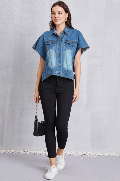 Pocketed Button Up Short Sleeve Denim Top Carauana Store