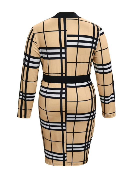 Plus Size Plaid V-Neck Long Sleeve Wrap Dress Carauana Store