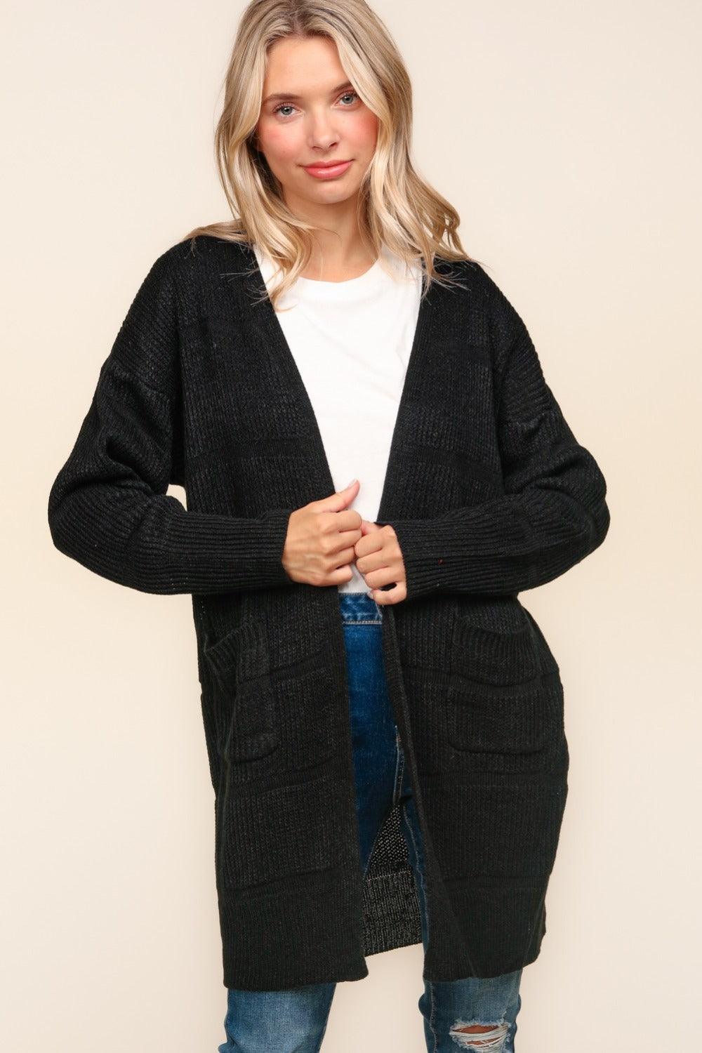 Haptics Stripe Textured Open Front Cardigan with Pockets CaRaUaNa Fashion