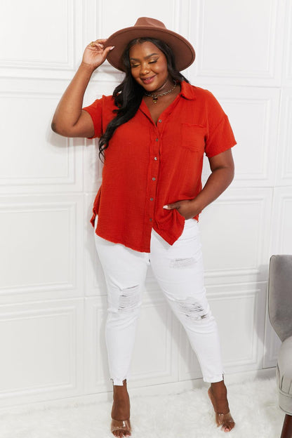 Zenana Full Size Summer Breeze Gauze Short Sleeve Shirt in Copper Carauana Store
