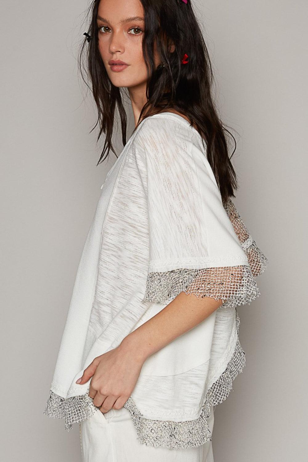 POL Openwork V-Neck Half Sleeve Top Carauana Store