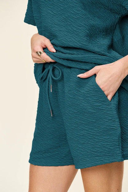 Double Take Full Size Texture Short Sleeve T-Shirt and Drawstring Shorts Set CaRaUaNa Fashion