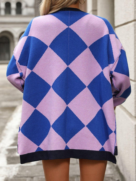 Checkered Dropped Shoulder Long Sleeve Cardigan Carauana Store