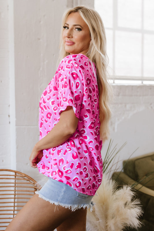 Pink Leopard V Neck Loose Short Sleeve Top