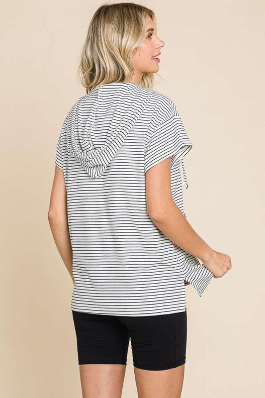 Culture Code Full Size Striped Short Sleeve Hooded Top Carauana Store