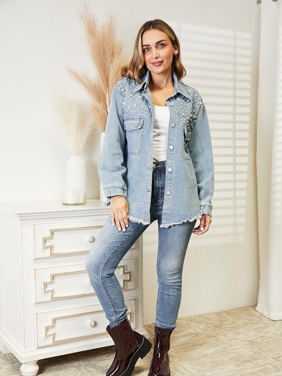 Collared Neck Raw Hem Dropped Shoulder Denim Jacket Carauana Store