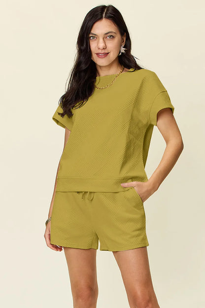 Double Take Full Size Texture Short Sleeve T-Shirt and Drawstring Shorts Set Carauana Store