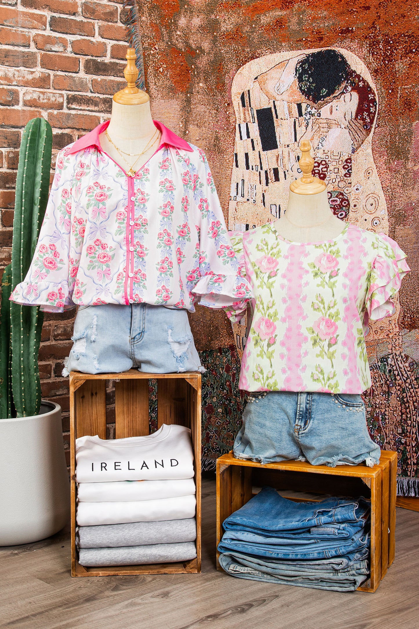 Pink Floral Print Ruffled Sleeve Summer Top