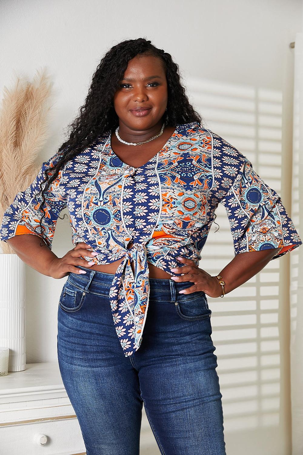 Tie Hem V-Neck Three-Quarter Sleeve Blouse CaRaUaNa Fashion