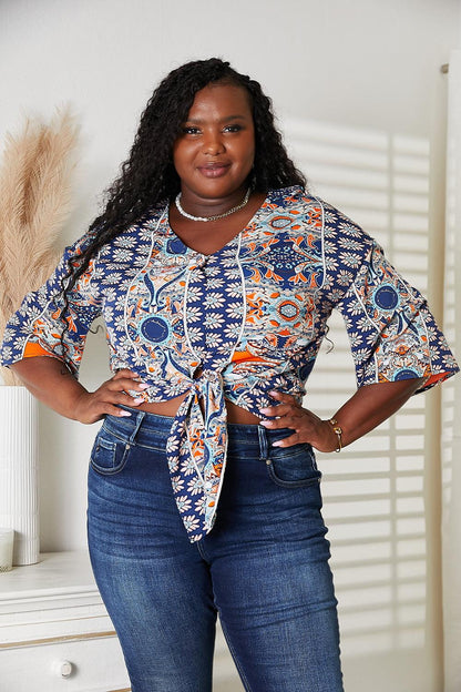 Tie Hem V-Neck Three-Quarter Sleeve Blouse CaRaUaNa Fashion