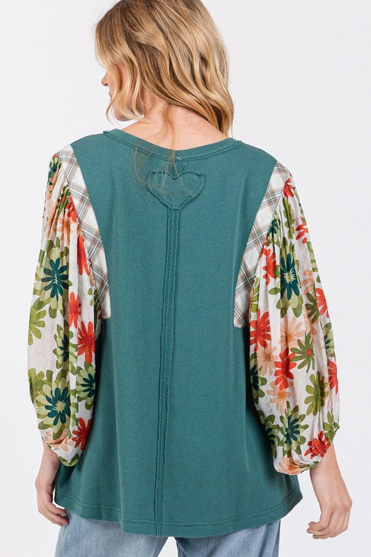 SAGE + FIG Full Size Printed Balloon Sleeve Contrast Top Carauana Store