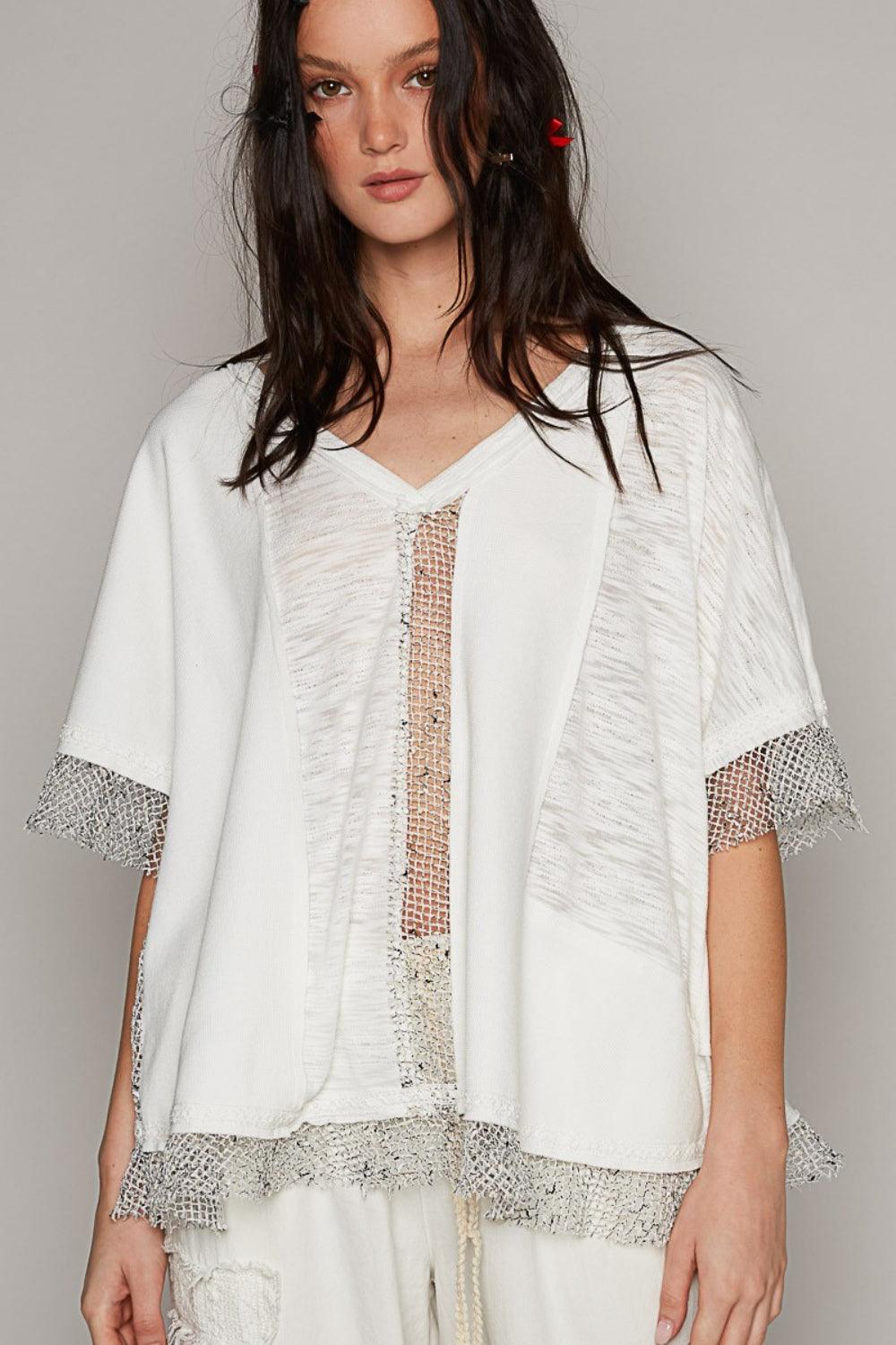 POL Openwork V-Neck Half Sleeve Top Carauana Store