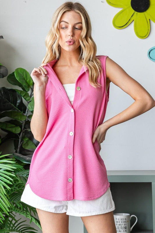 Heimish Full Size Texture Button Up Sleeveless Top Carauana Store