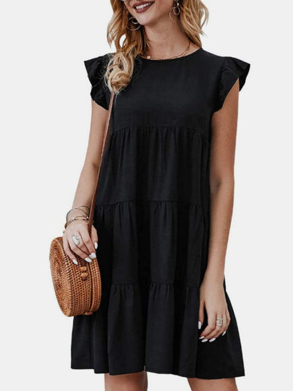 Ruffled Round Neck Cap Sleeve Mini Dress Carauana Store