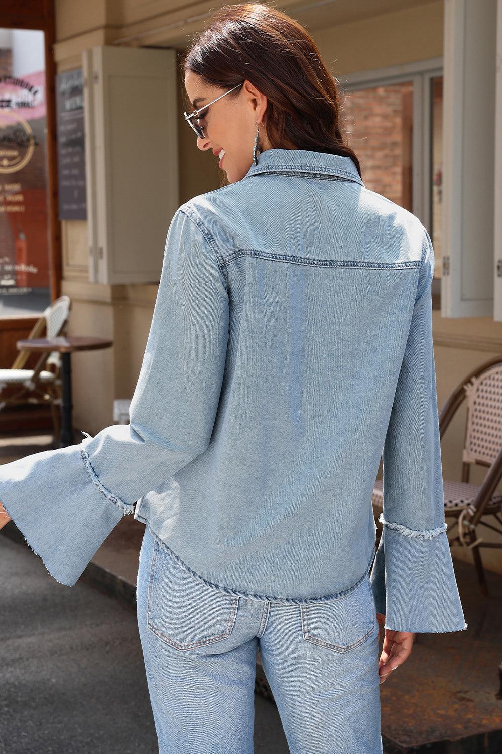 Button Front Flare Sleeve Denim Top Carauana Store