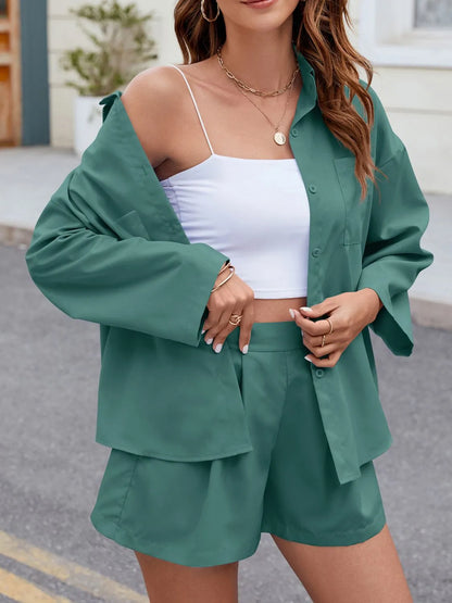 Button Up Long Sleeve Top and Shorts Set CaRaUaNa Fashion