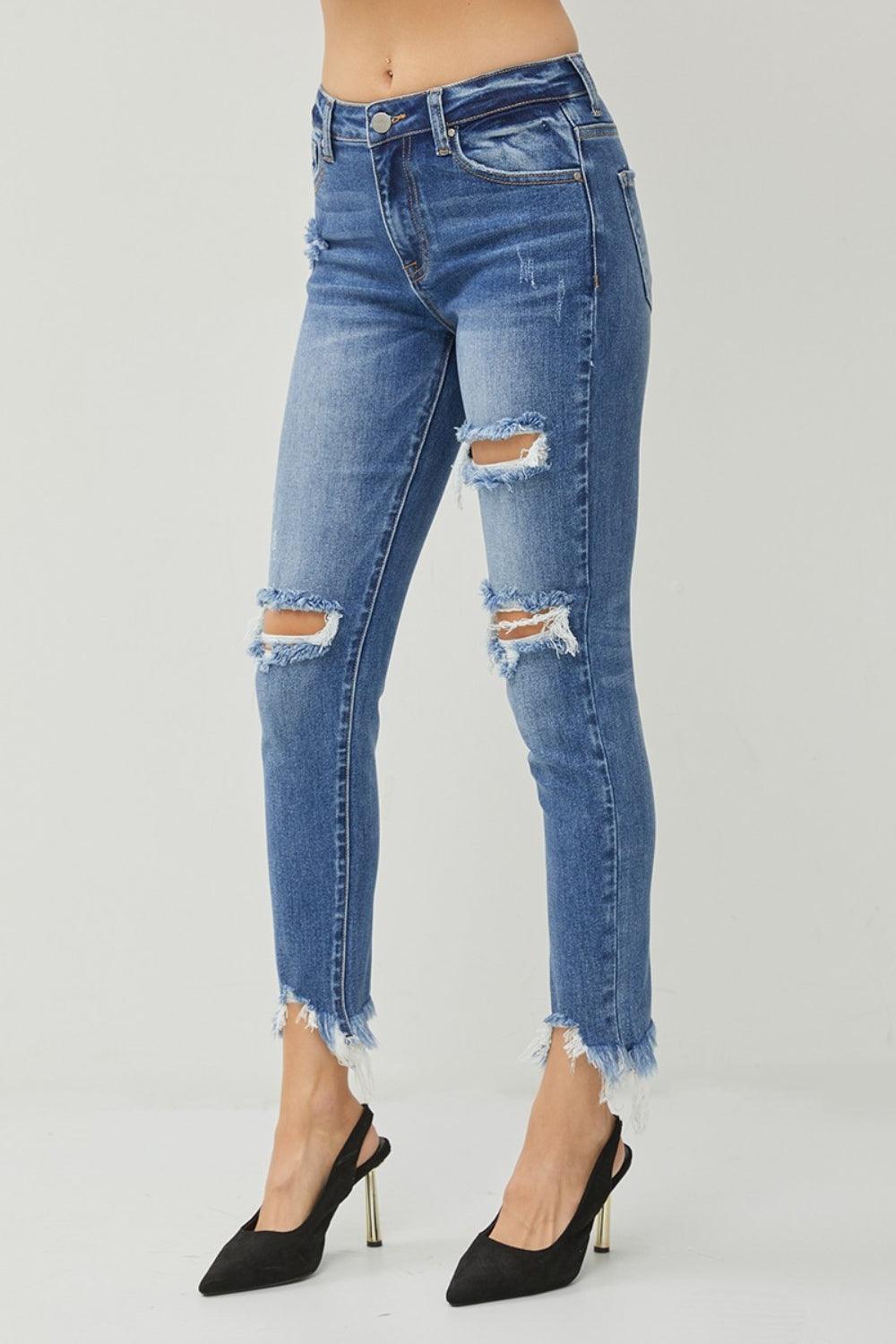 RISEN Distressed Frayed Hem Slim Jeans Carauana Store