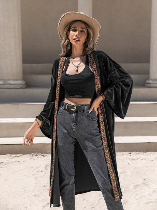 Printed Trim Open Front Flare Sleeve Cardigan Carauana Store